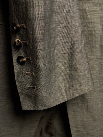 Close-up detail of a textured gray suit jacket showing the buttoned lapel with dark buttons and the fine fabric weave.