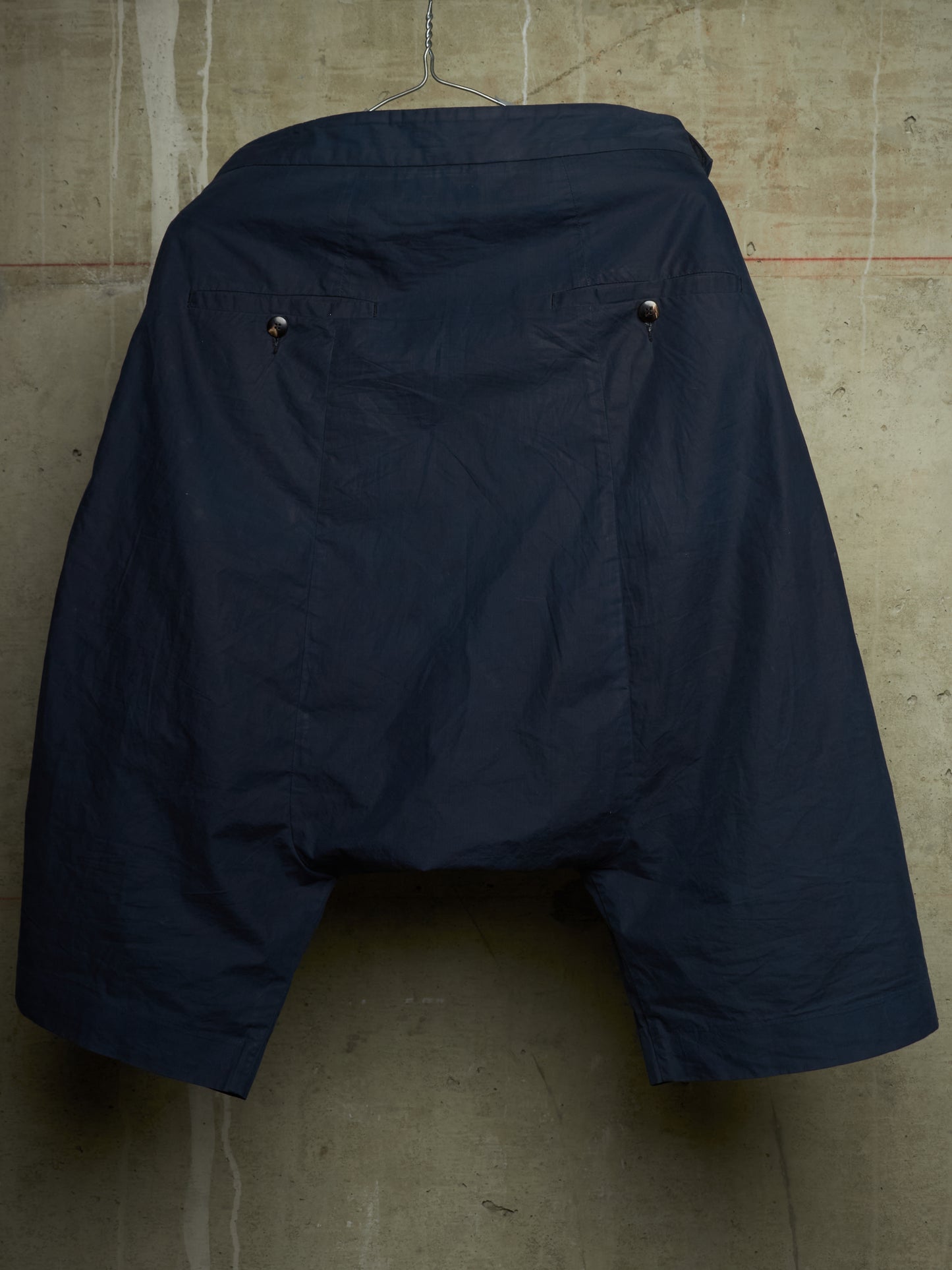 Rick Owens SS10 "RELEASE" Washed Navy Asymmetric Flap Zip Pocket Drop-crotch Shorts