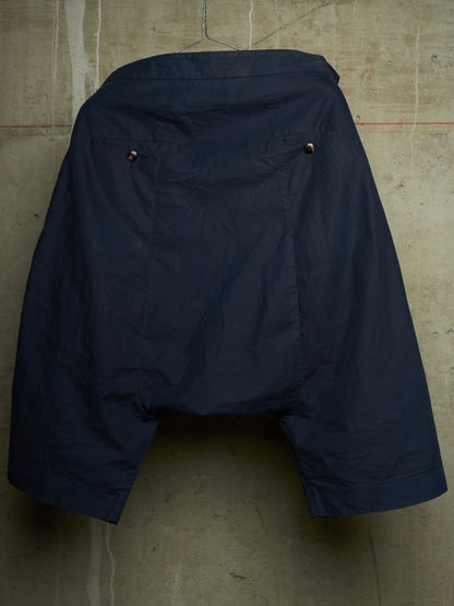 Rick Owens SS10 "RELEASE" Washed Navy Asymmetric Flap Zip Pocket Drop-crotch Shorts