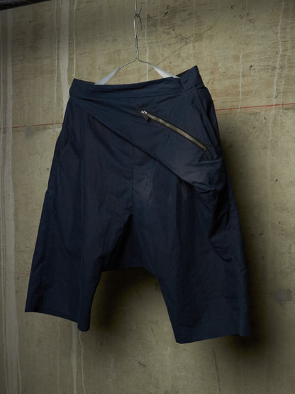 Rick Owens SS10 "RELEASE" Washed Navy Asymmetric Flap Zip Pocket Drop-crotch Shorts