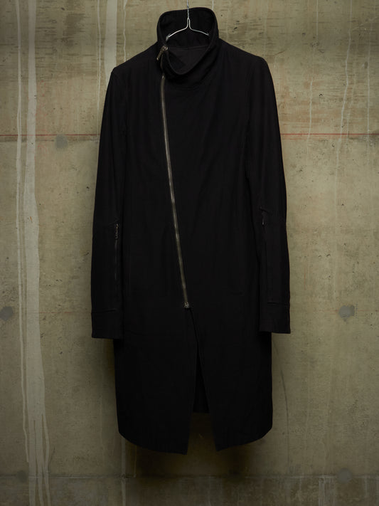 Rick Owens SS09 "STRUTTER" Black Cotton Viscose Asymmetric Zip Molino Coat
