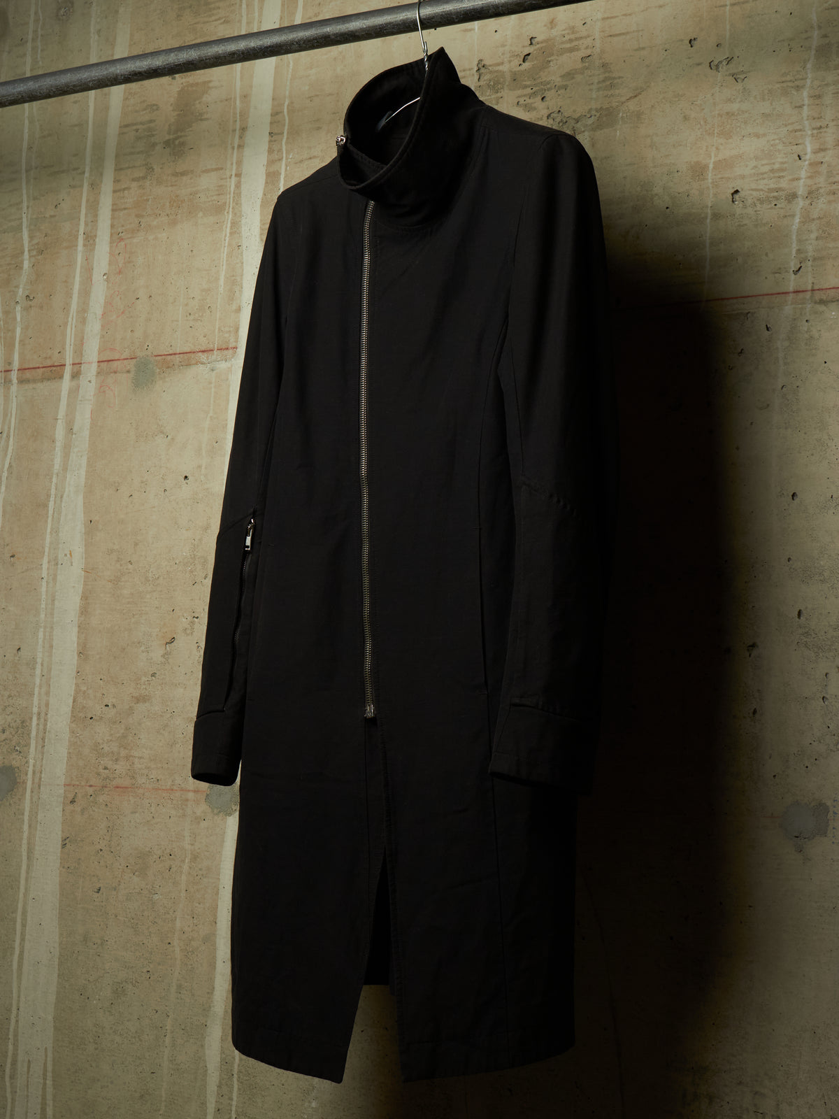 Rick Owens SS09 "STRUTTER" Black Cotton Viscose Asymmetric Zip Molino Coat