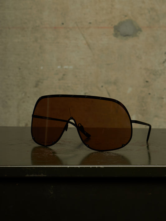 Rick Owens SS22 “FOGACHINE” Matte Black Stainless Steel Brown Tinted Mask Sunglasses Shield