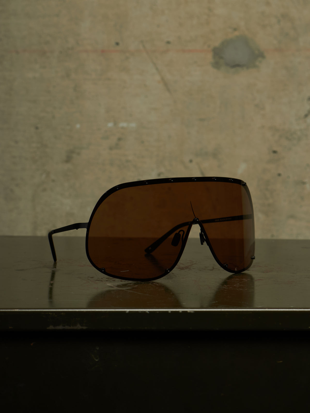 Rick Owens SS22 “FOGACHINE” Matte Black Stainless Steel Brown Tinted Mask Sunglasses Shield