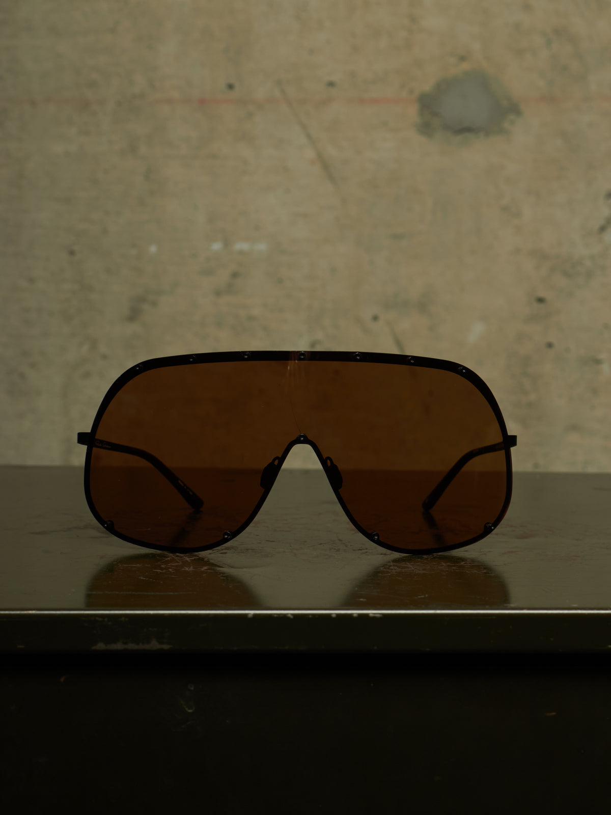Rick Owens SS22 “FOGACHINE” Matte Black Stainless Steel Brown Tinted Mask Sunglasses Shield