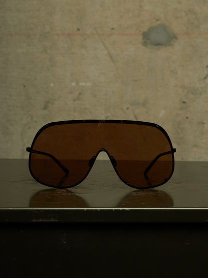 Rick Owens SS22 “FOGACHINE” Matte Black Stainless Steel Brown Tinted Mask Sunglasses Shield