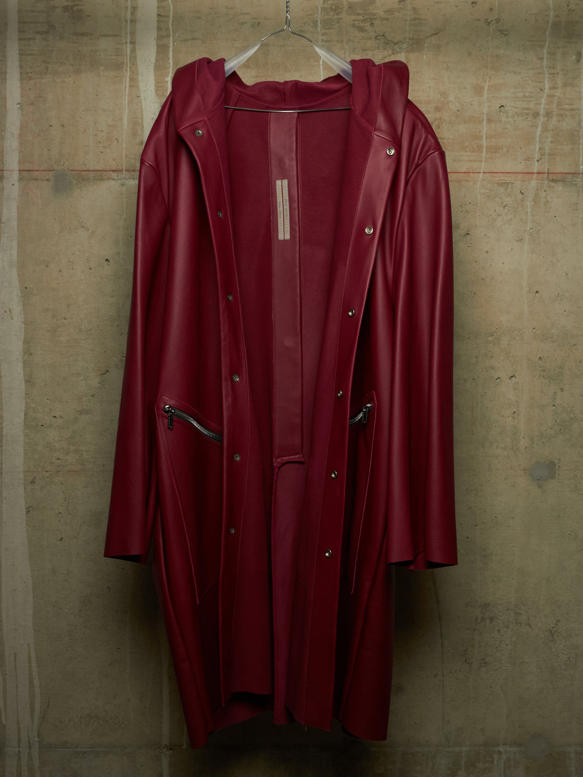 Rick Owens SS23 "EDFU" FUCHSIA Hooded Oversized Pebbled Cow Leather Raincoat