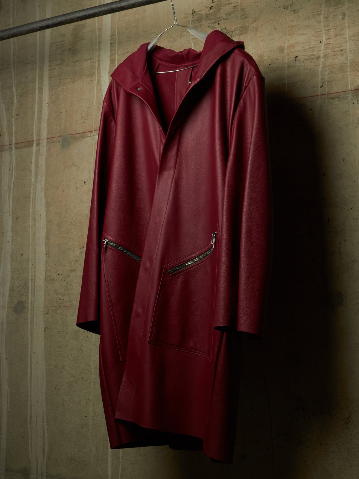 Rick Owens SS23 "EDFU" FUCHSIA Hooded Oversized Pebbled Cow Leather Raincoat