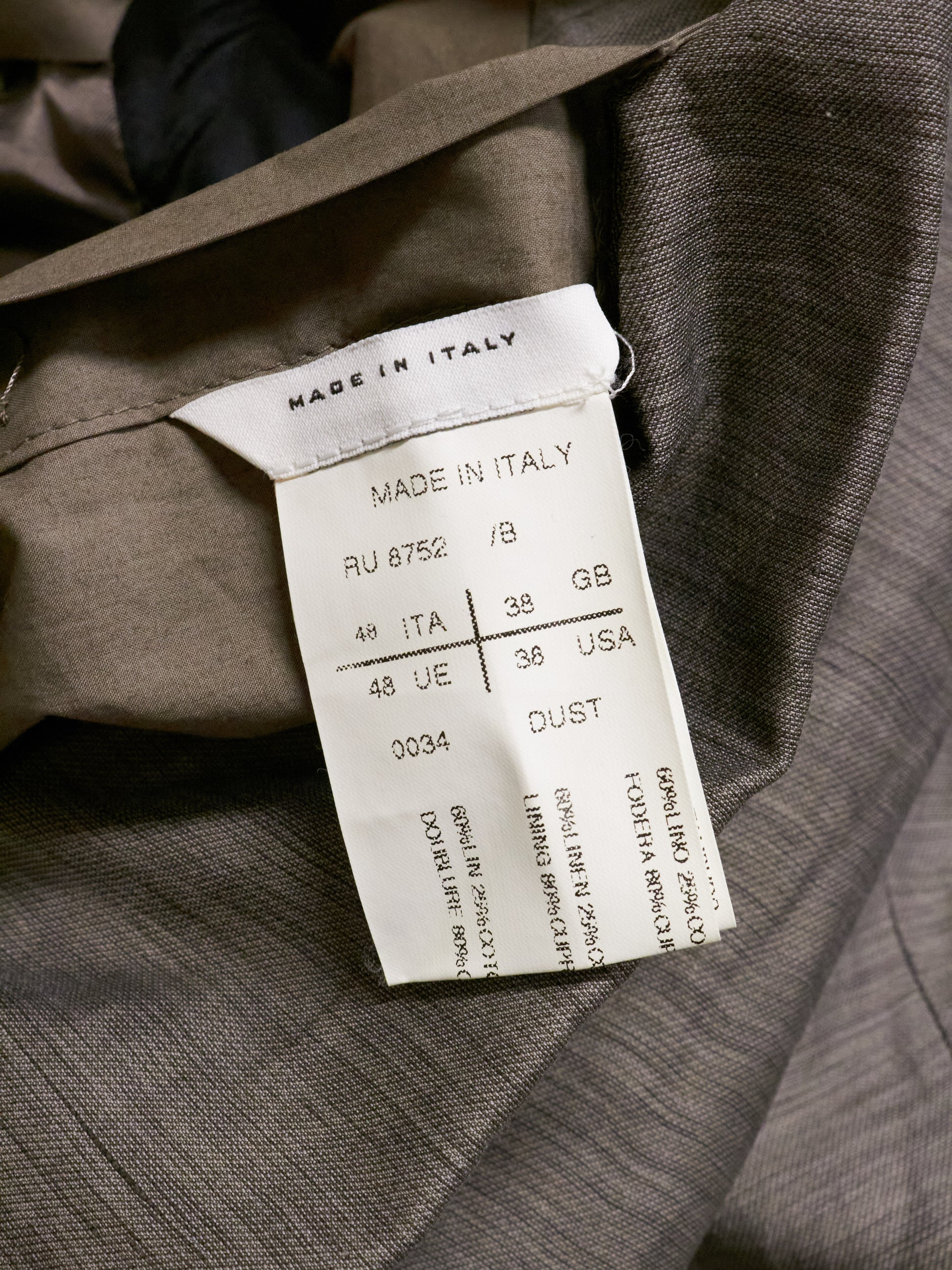 Clothing tag on a suit with 'Made in Italy' text