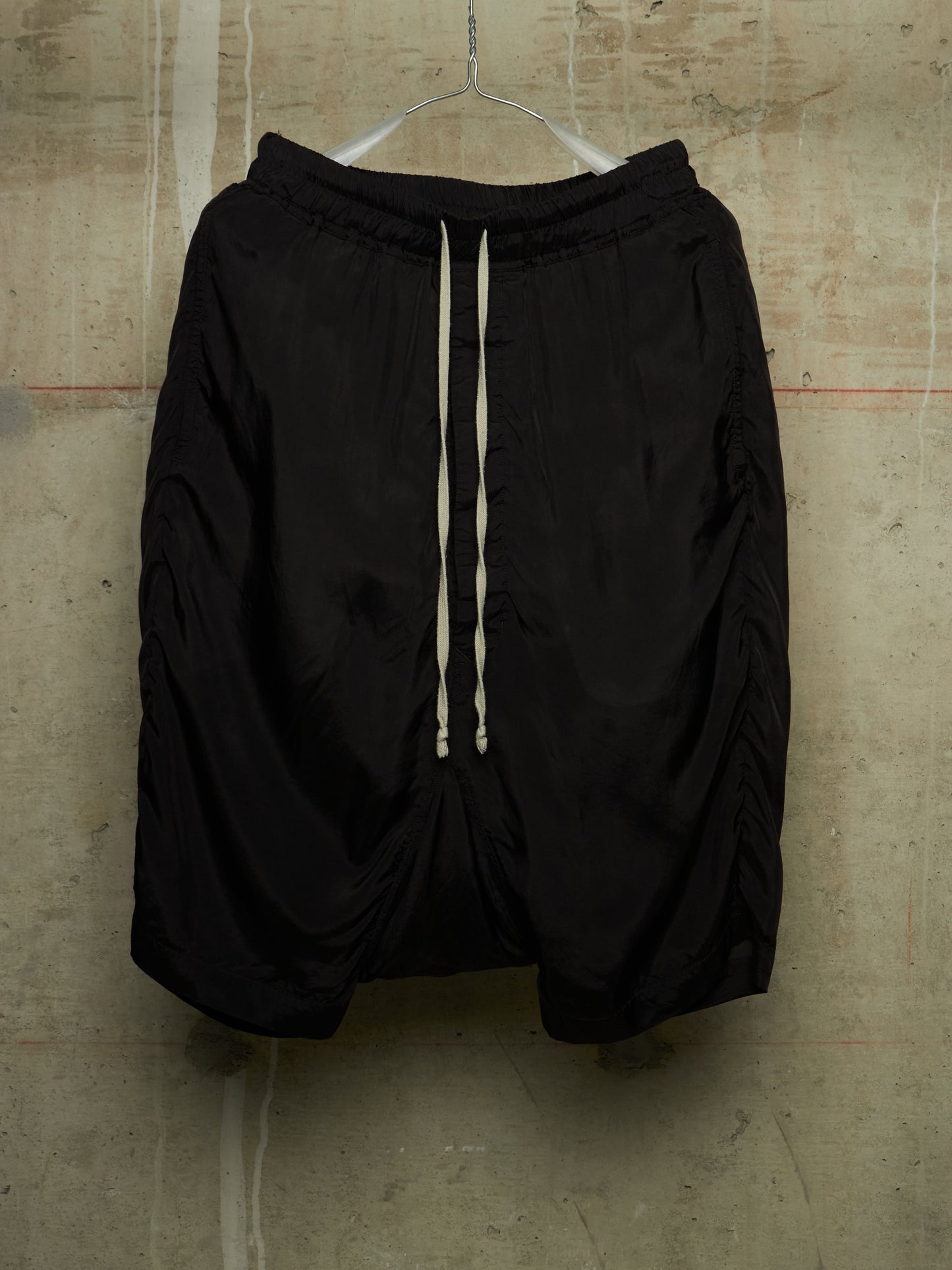 Rick Owens SS24 "LIDO" Black Cupro Drop-Crotch Pod Shorts