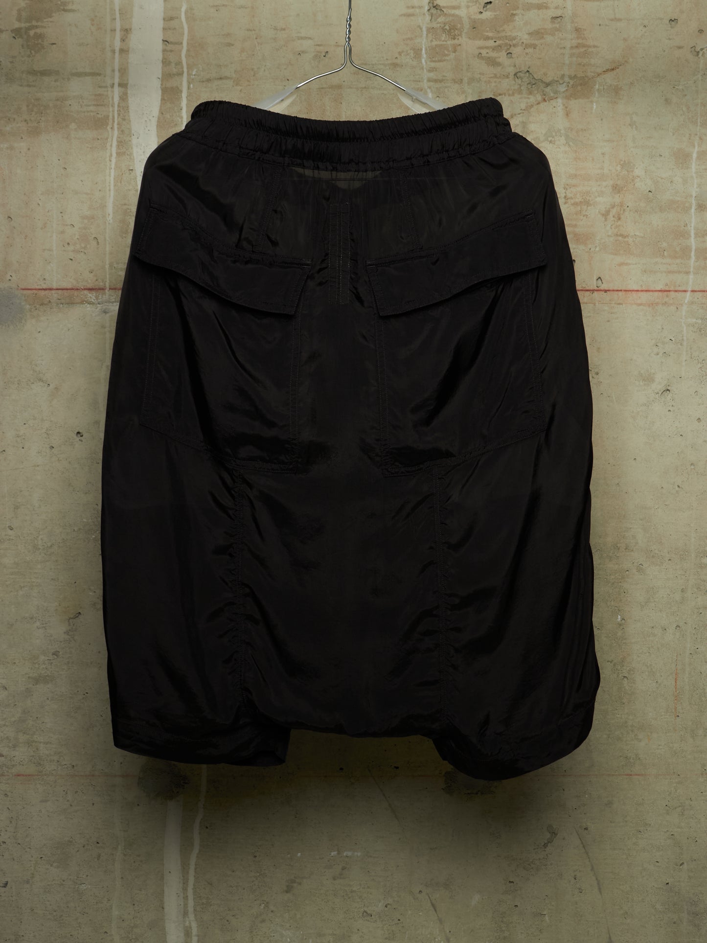 Rick Owens SS24 "LIDO" Black Cupro Drop-Crotch Pod Shorts