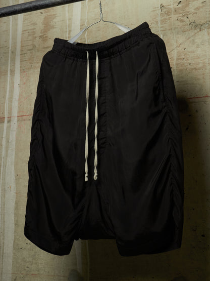 Rick Owens SS24 "LIDO" Black Cupro Drop-Crotch Pod Shorts