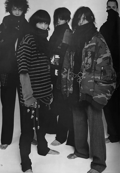 Raf simons riot riot riot collection promotional material, 4 models wearing raf simons clothing early 2000s 