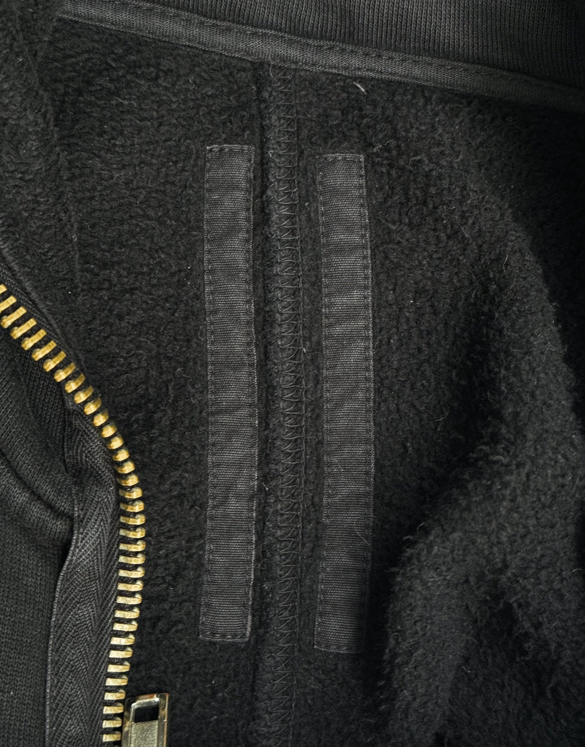 Close-up of a black jacket with a zipper and textured fabric