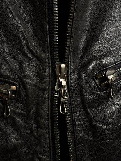 SHELLAC Early 00s Distressed Lambskin Leather Multi-zip Rider Jacket