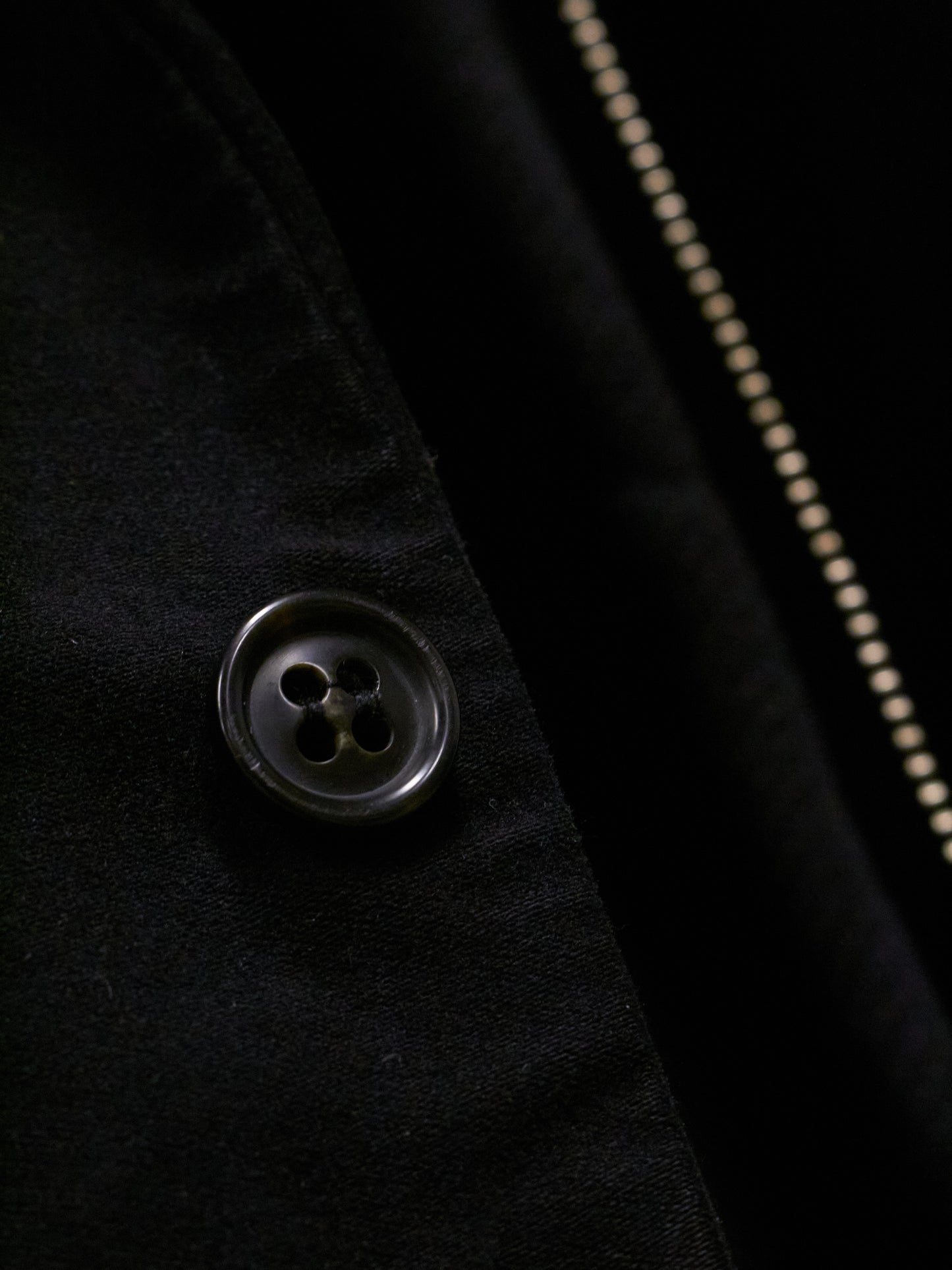Close-up of a button on a black coat with a zipper in the background
