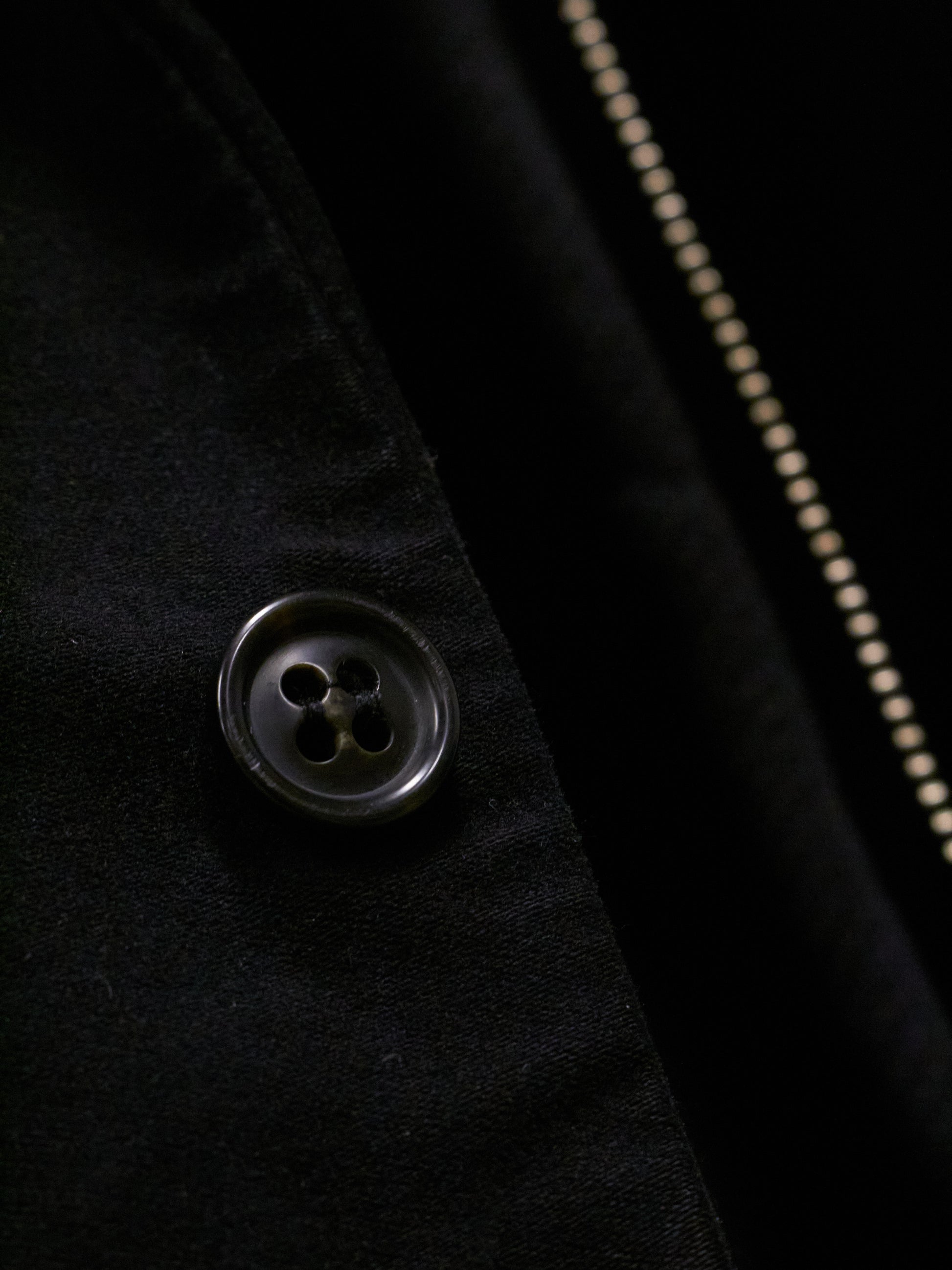 Close-up of a button on a black coat with a zipper in the background