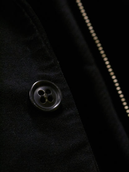 Close-up of a button on a black coat with a zipper in the background