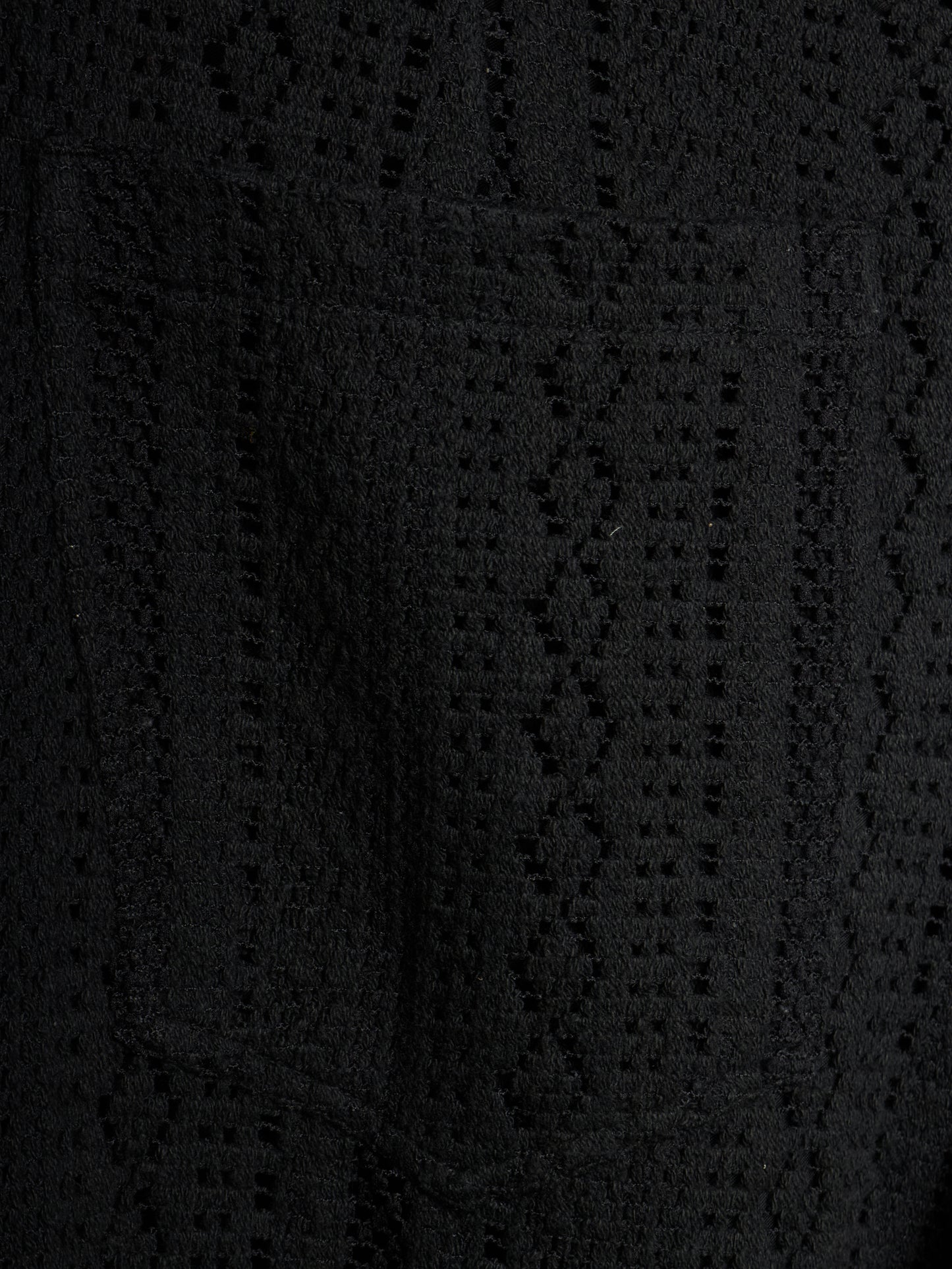 Close-up of a black textured knit fabric with a geometric openwork pattern.