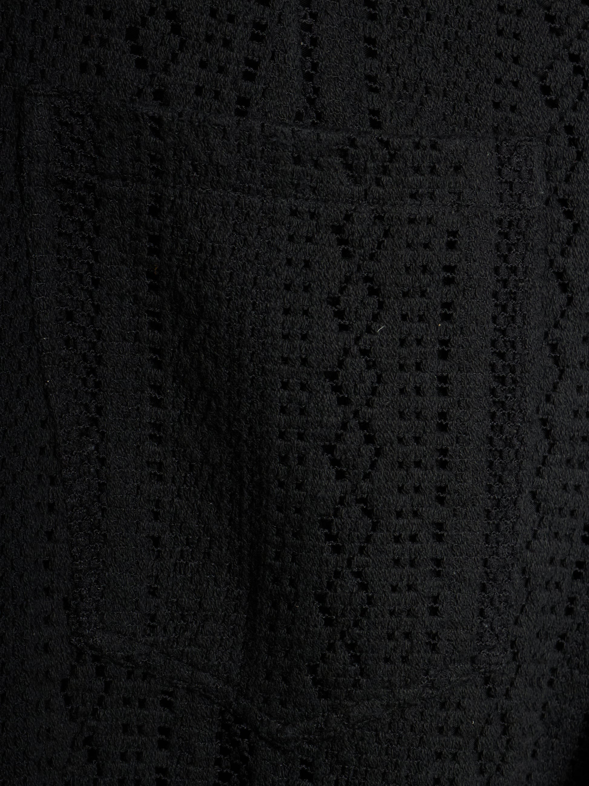 Close-up of a black textured knit fabric with a geometric openwork pattern.