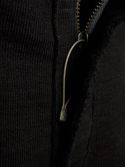 Close-up of a black ribbed knit garment featuring a silver metal zipper and a matching silver zipper pull cord.