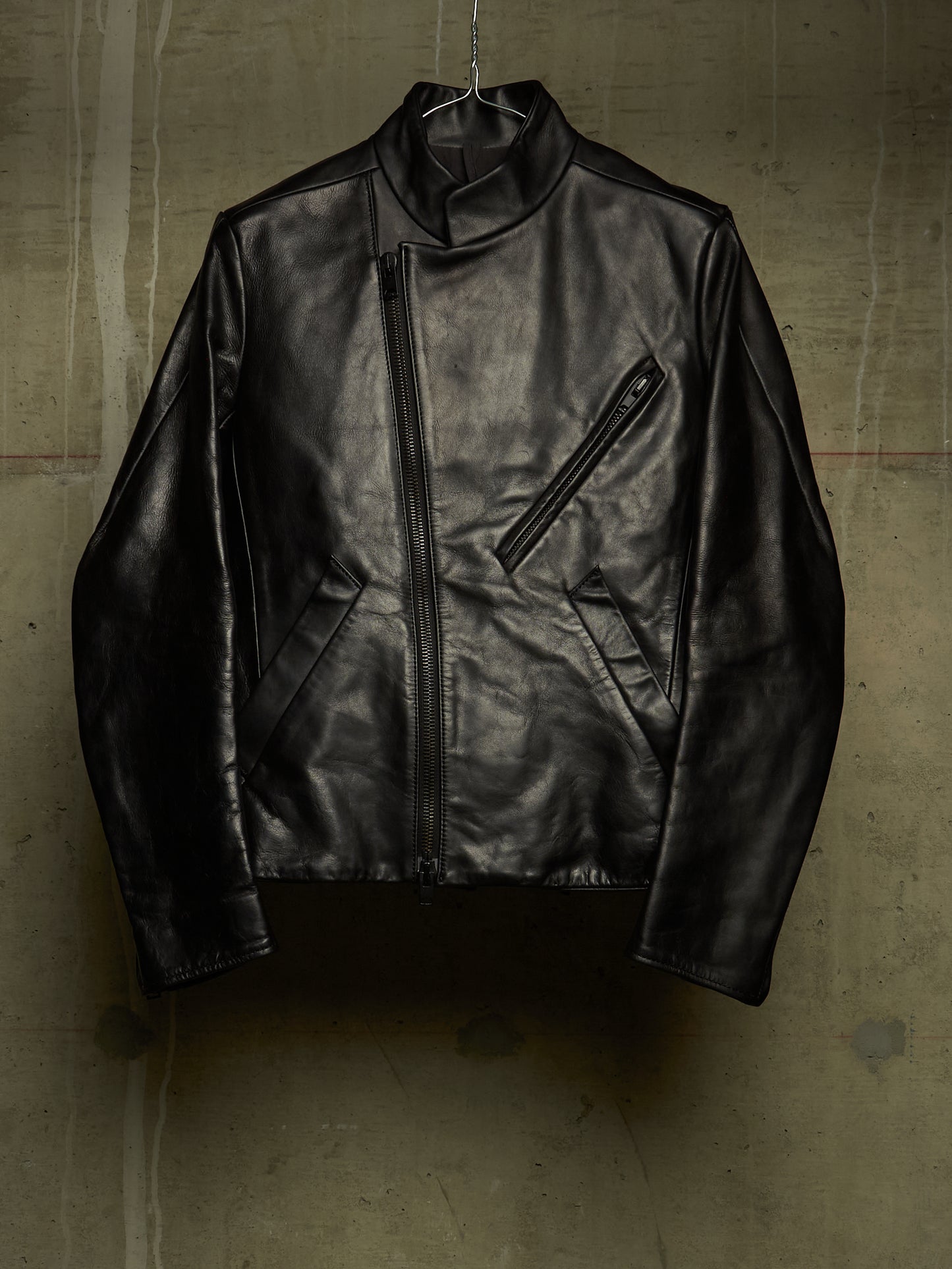 The Viridi-Anne 00s Black Steerhide Leather Asymmetric Zip Rider Jacket