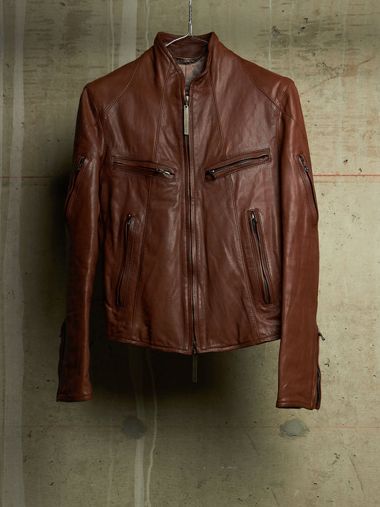 The Viridi-Anne 00s Brown Goatskin Leather Multi Zip Rider Jacket