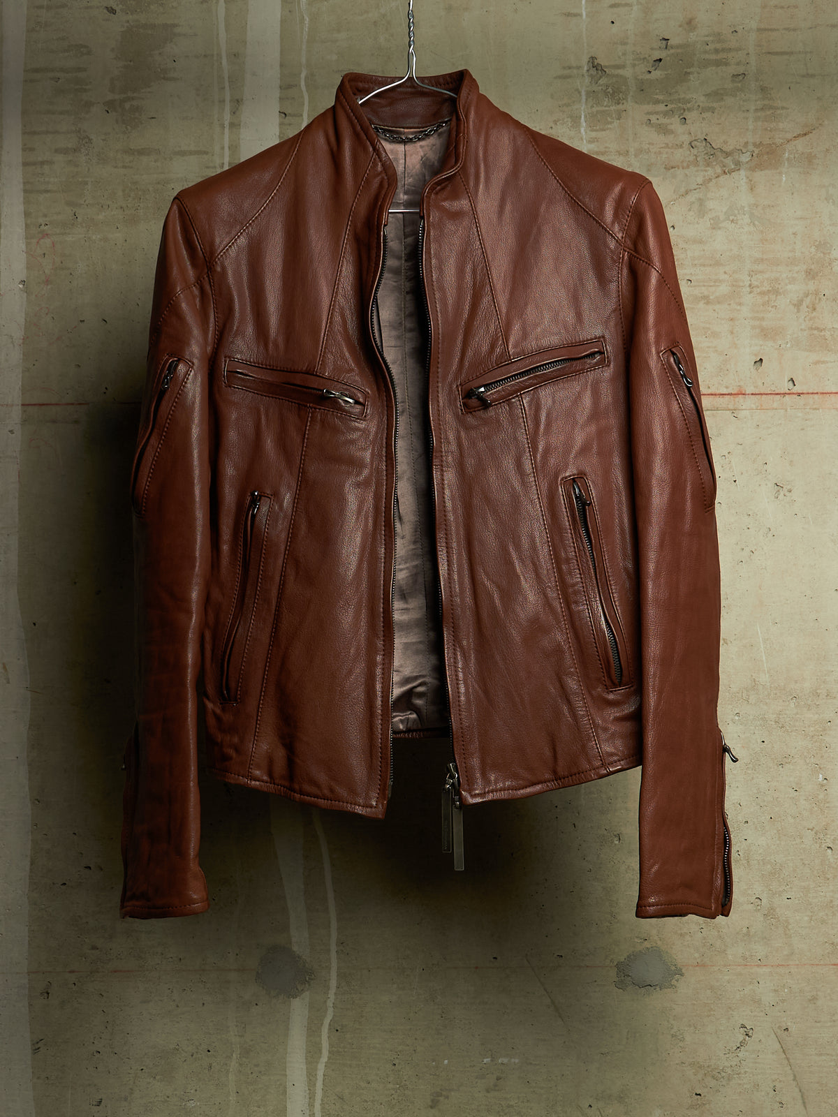 The Viridi-Anne 00s Brown Goatskin Leather Multi Zip Rider Jacket