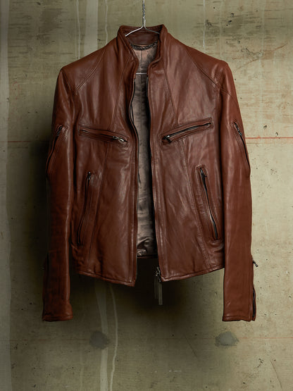 The Viridi-Anne 00s Brown Goatskin Leather Multi Zip Rider Jacket