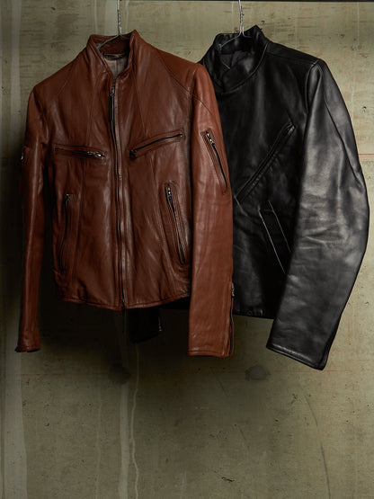 The Viridi-Anne 00s Brown Goatskin Leather Multi Zip Rider Jacket