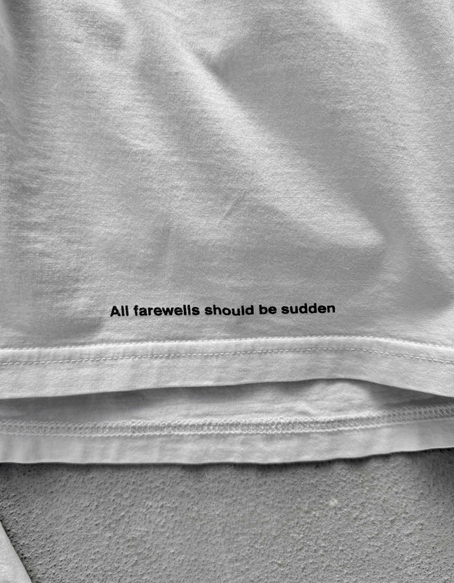 Gray fabric with text 'All farewells should be sudden' printed on it.