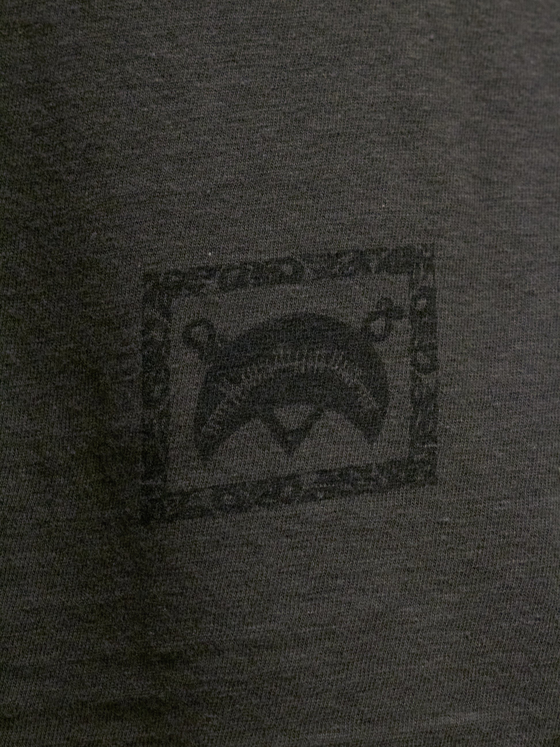 Close-up of a dark gray t-shirt with a logo on the chest.