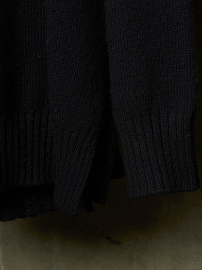 Close-up of a black ribbed knit garment, showing the texture and cuffs of a sweater or jacket against a dark background.