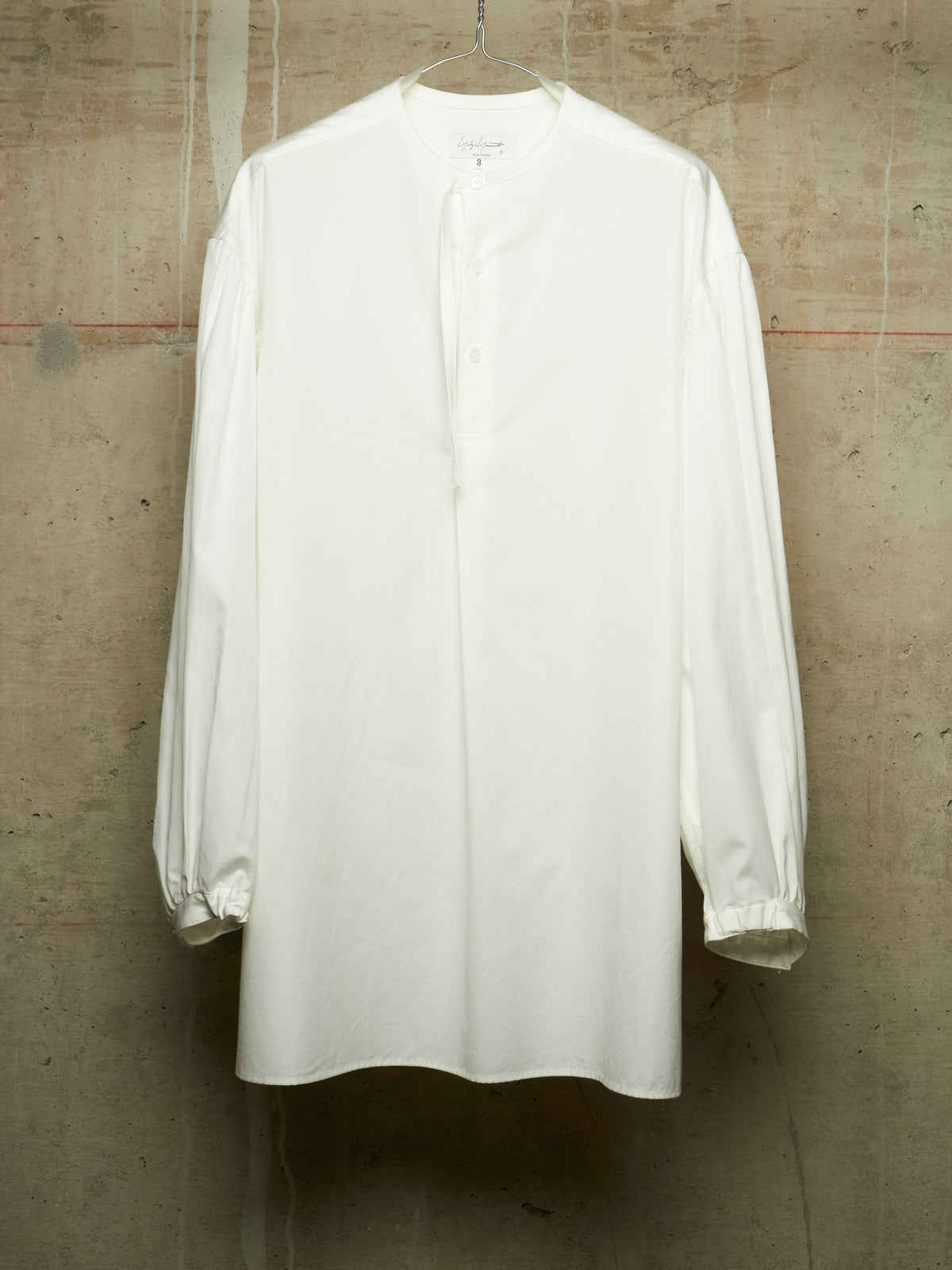 Yohji Yamamoto POUR HOMME SS26 White Cotton Broadcloth Gathered Sleeve Stand Collar Blouse