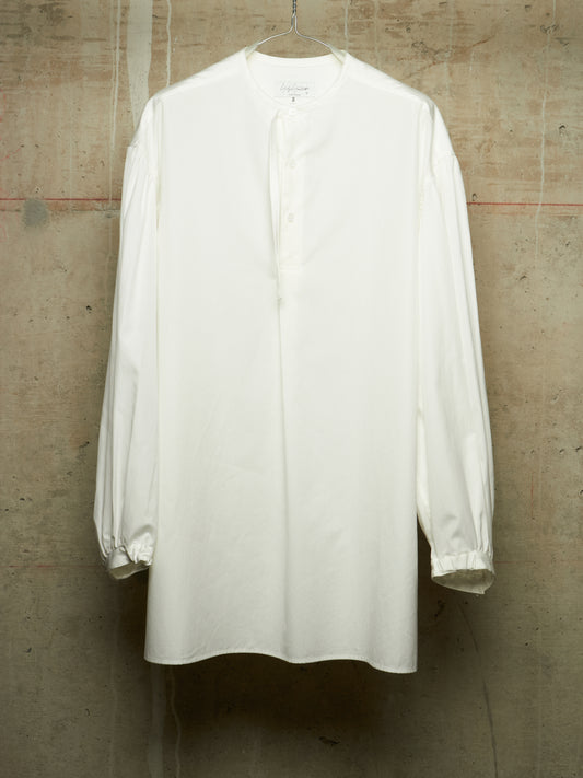 Yohji Yamamoto POUR HOMME SS26 White Cotton Broadcloth Gathered Sleeve Stand Collar Blouse