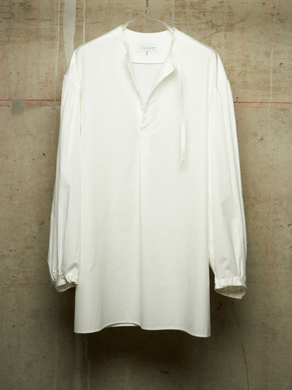 Yohji Yamamoto POUR HOMME SS26 White Cotton Broadcloth Gathered Sleeve Stand Collar Blouse