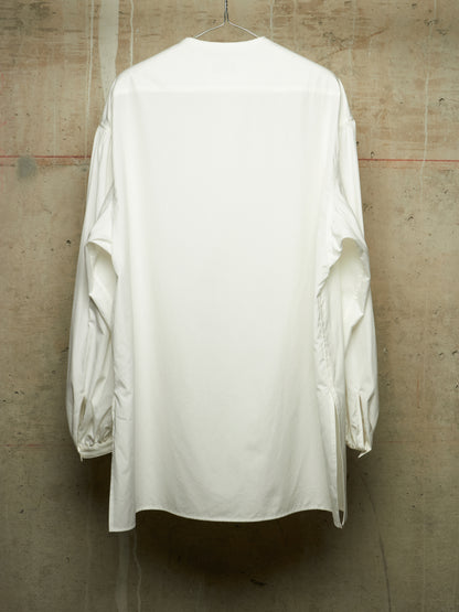 Yohji Yamamoto POUR HOMME SS26 White Cotton Broadcloth Gathered Sleeve Stand Collar Blouse