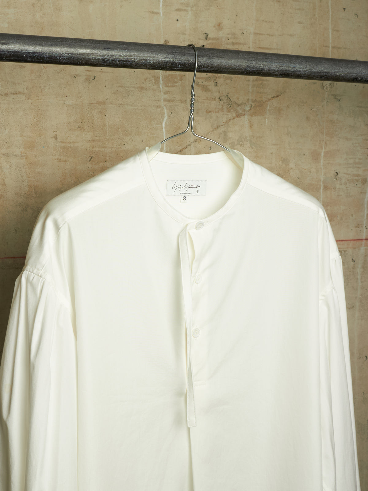 Yohji Yamamoto POUR HOMME SS26 White Cotton Broadcloth Gathered Sleeve Stand Collar Blouse