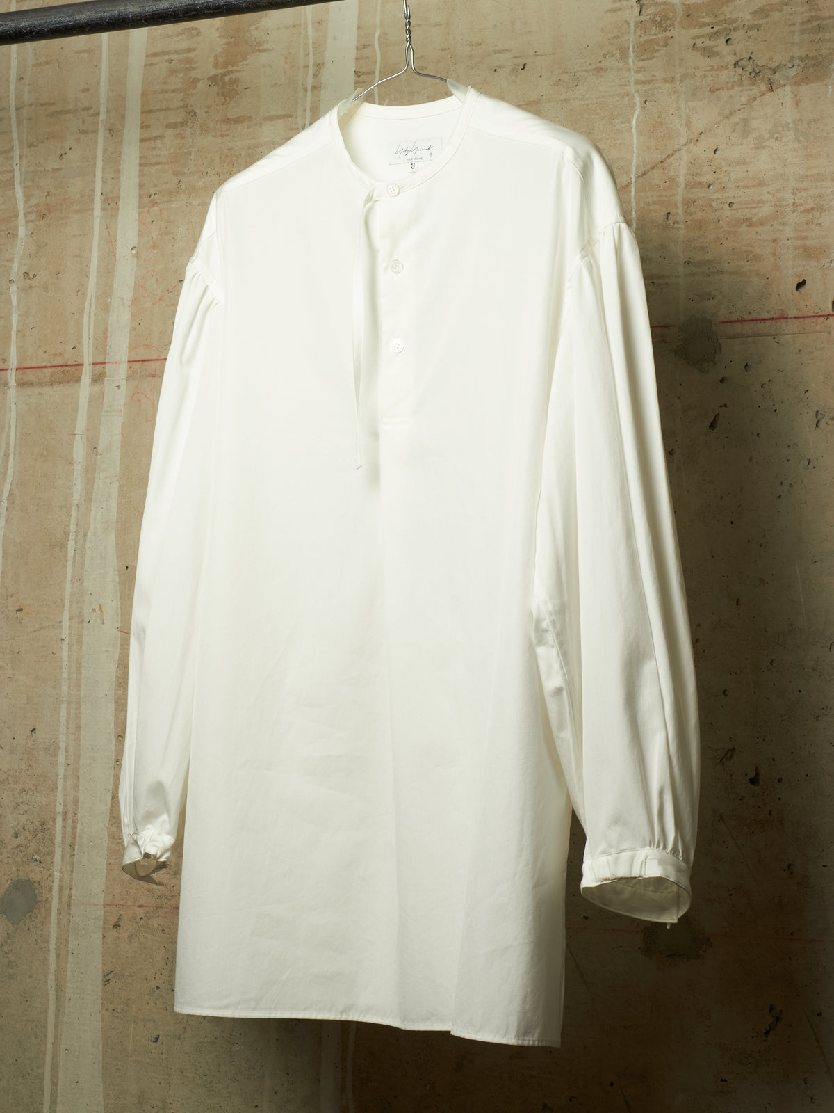 Yohji Yamamoto POUR HOMME SS26 White Cotton Broadcloth Gathered Sleeve Stand Collar Blouse