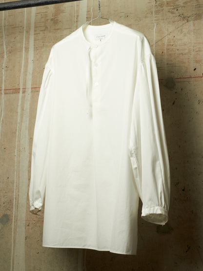 Yohji Yamamoto POUR HOMME SS26 White Cotton Broadcloth Gathered Sleeve Stand Collar Blouse