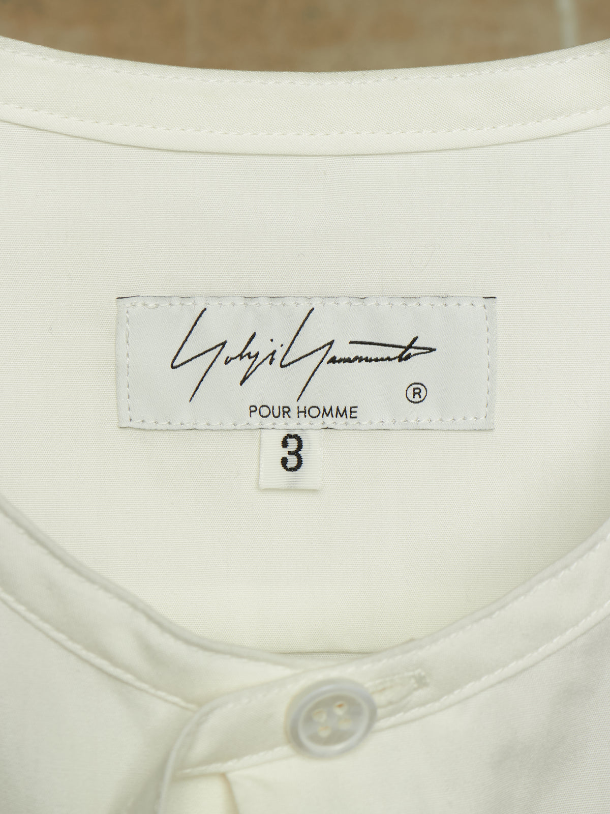 Yohji Yamamoto POUR HOMME SS26 White Cotton Broadcloth Gathered Sleeve Stand Collar Blouse