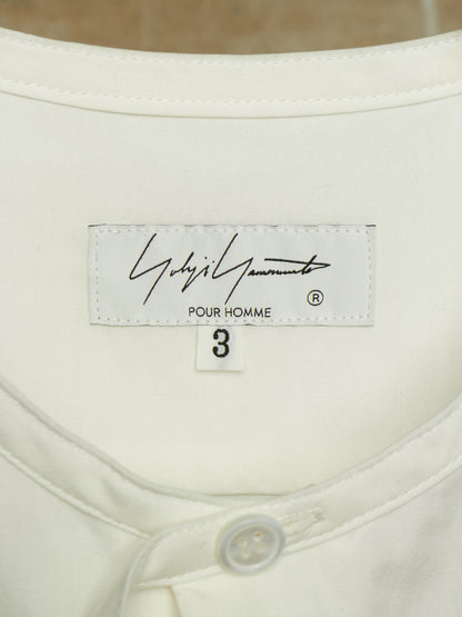 Yohji Yamamoto POUR HOMME SS26 White Cotton Broadcloth Gathered Sleeve Stand Collar Blouse