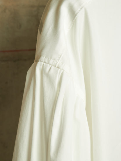 Yohji Yamamoto POUR HOMME SS26 White Cotton Broadcloth Gathered Sleeve Stand Collar Blouse