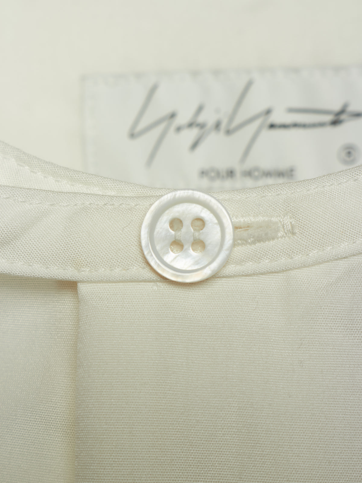 Yohji Yamamoto POUR HOMME SS26 White Cotton Broadcloth Gathered Sleeve Stand Collar Blouse