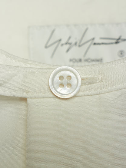 Yohji Yamamoto POUR HOMME SS26 White Cotton Broadcloth Gathered Sleeve Stand Collar Blouse