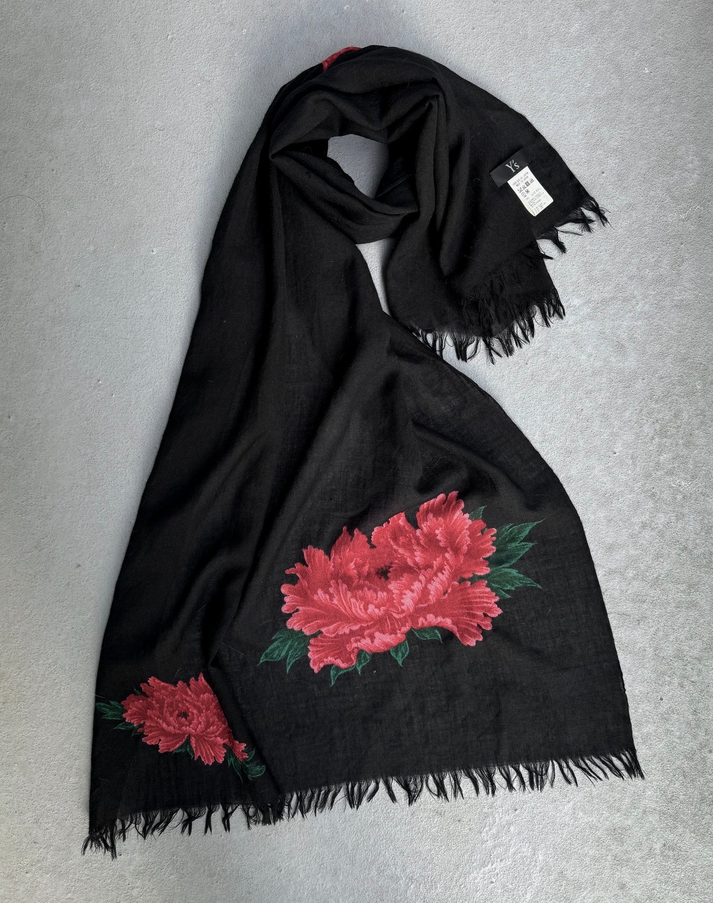 Y's by Yohji Yamamoto AW20 Red Peony Flower Print Wool Scarf