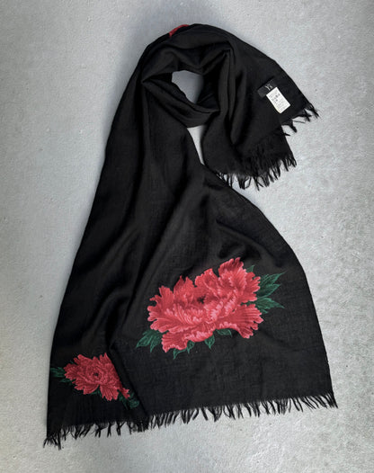 Y's by Yohji Yamamoto AW20 Red Peony Flower Print Wool Scarf