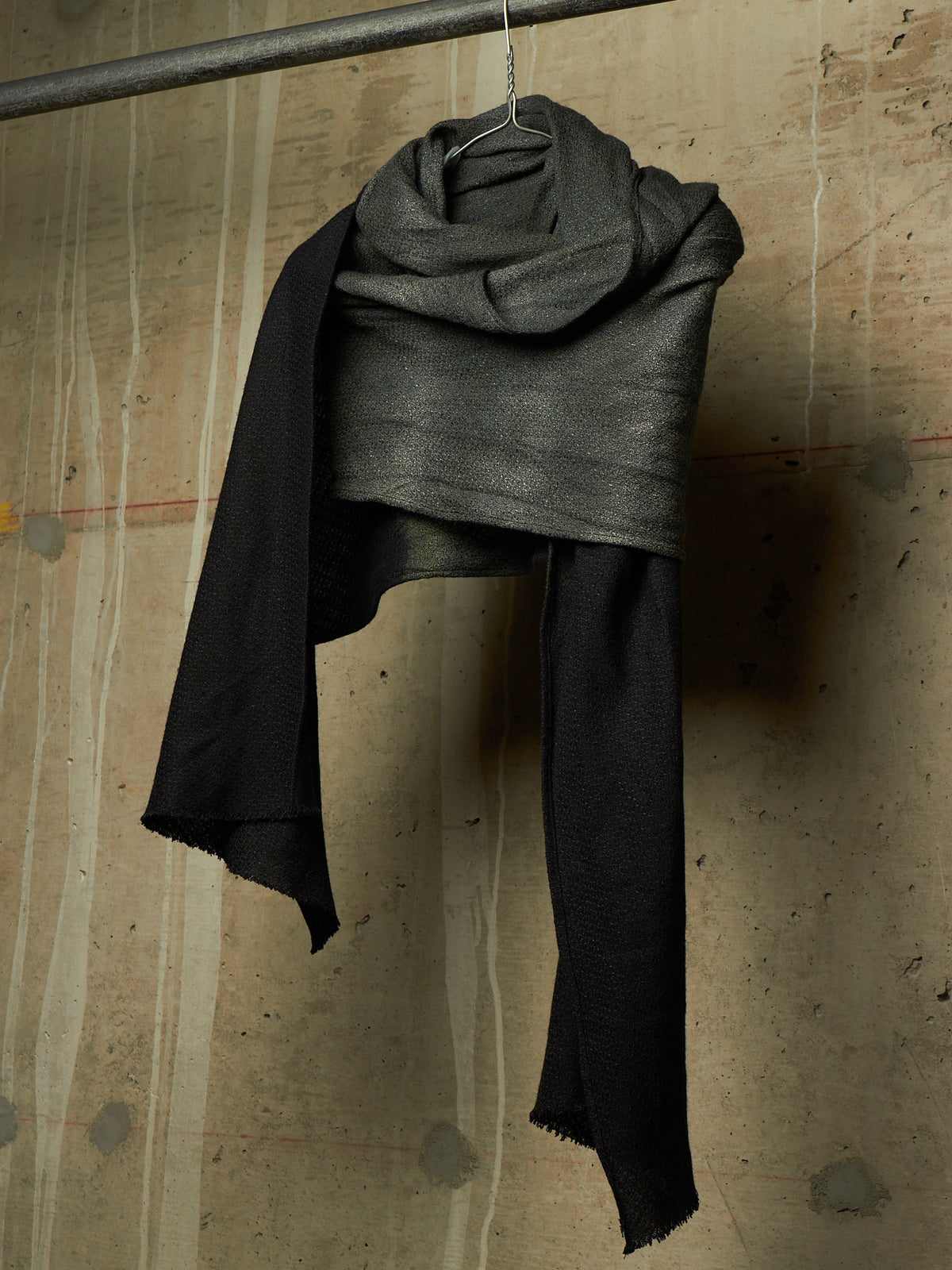 Zam Barrett 2010s Aqua Cotton Linen Black Dipped Dyed Frayed Edge Extra Long Scarf
