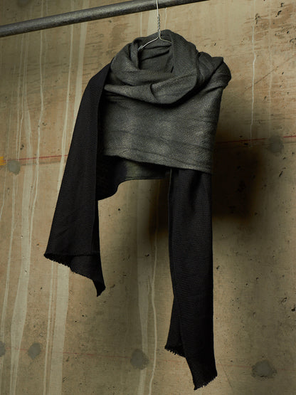 Zam Barrett 2010s Aqua Cotton Linen Black Dipped Dyed Frayed Edge Extra Long Scarf