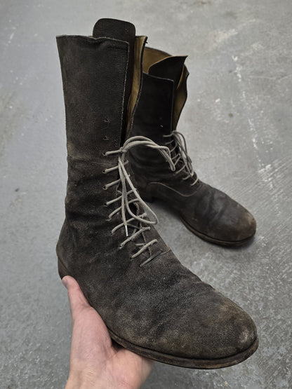m.a+ by Maurizio Amadei 2010s Tall Lace-up Reverse Cow Leather Gothic Boots detail | DRIEW GARMENTS